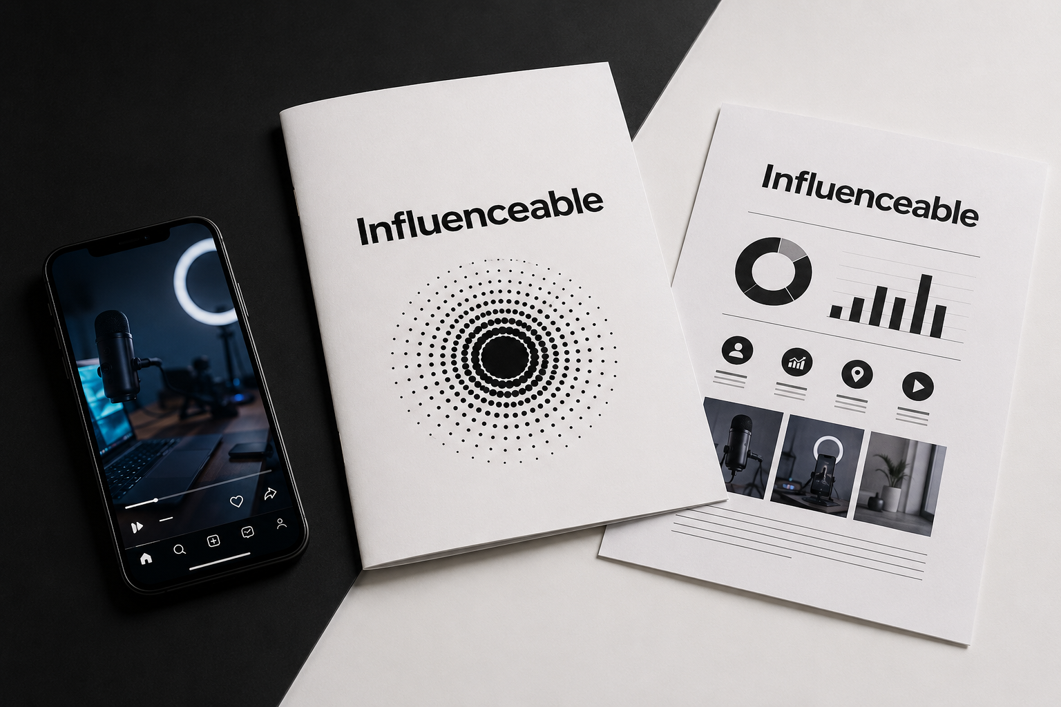 Phone showing creator media beside an Influenceable campaign brief and media kit